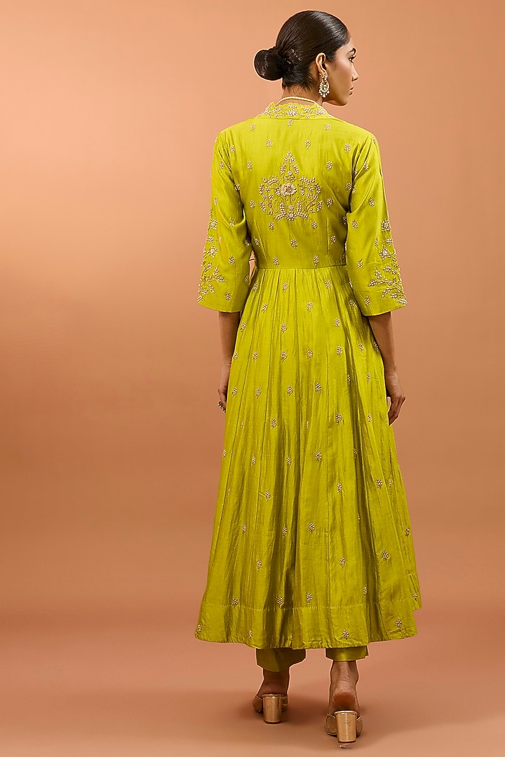 Green Pure Spun Silk Pearl Work Angrakha Kurta Set by SURBHI SHAH at Pernia's Pop Up Shop
