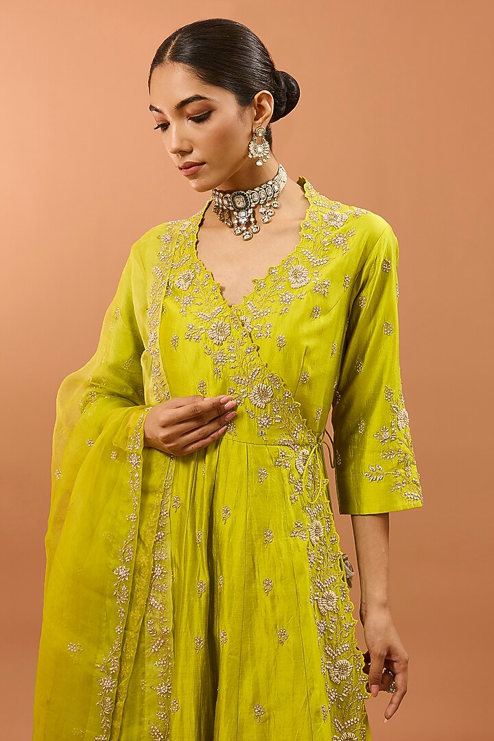 Green Pure Spun Silk Pearl Work Angrakha Kurta Set by SURBHI SHAH at Pernia's Pop Up Shop