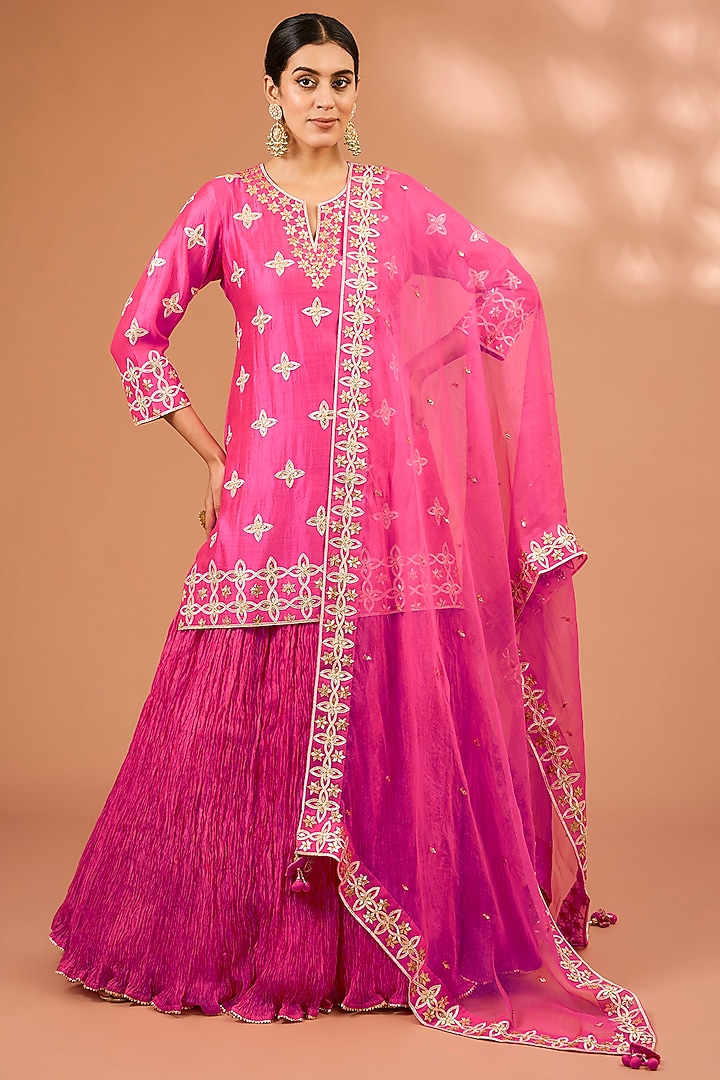 Strawberry Pink Kora Silk Crushed Skirt Set by SURBHI SHAH at Pernia's Pop Up Shop
