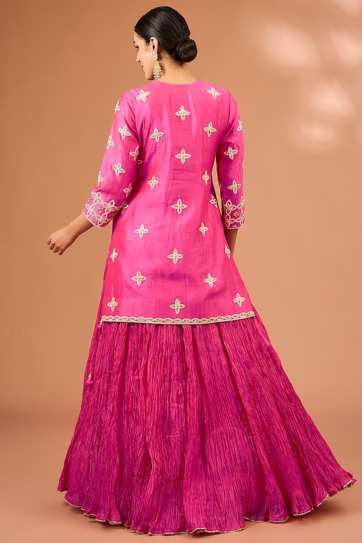 Strawberry Pink Kora Silk Crushed Skirt Set by SURBHI SHAH at Pernia's Pop Up Shop