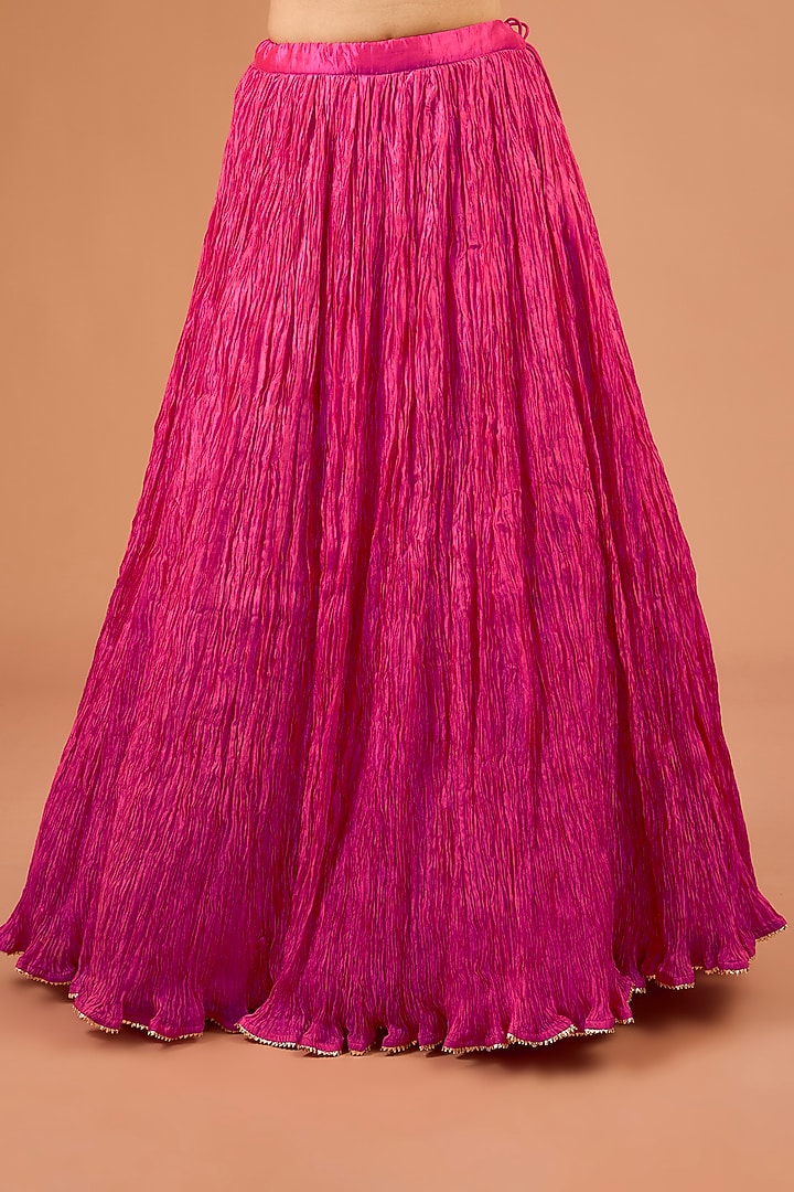 Strawberry Pink Kora Silk Crushed Skirt Set by SURBHI SHAH at Pernia's Pop Up Shop