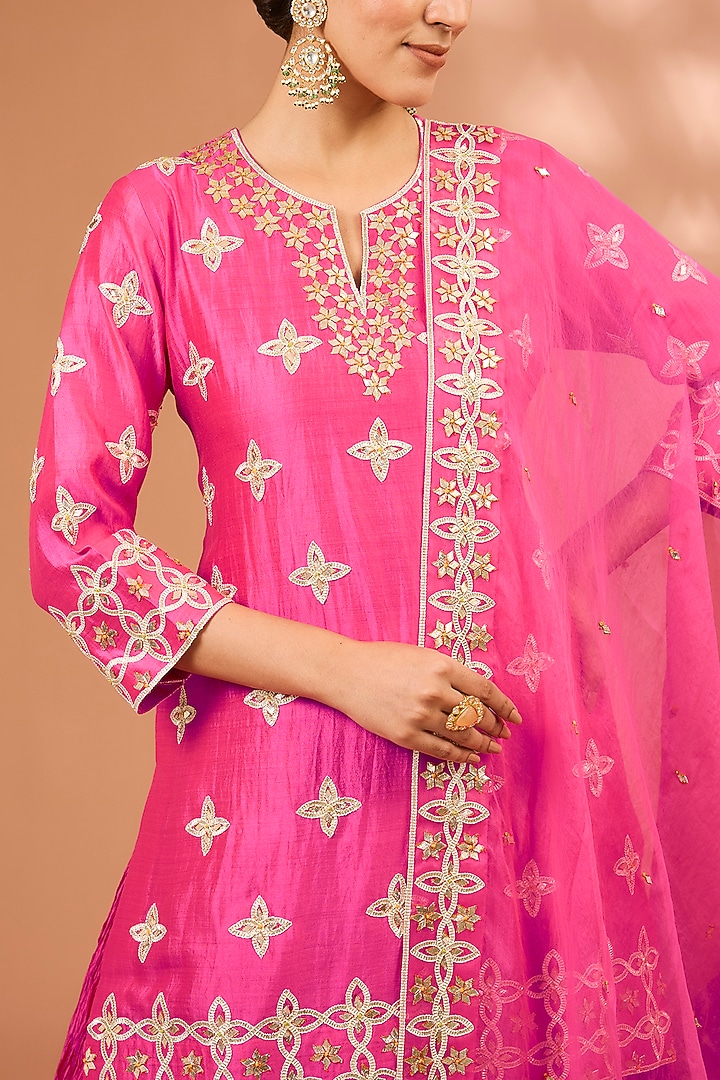 Strawberry Pink Kora Silk Crushed Skirt Set by SURBHI SHAH at Pernia's Pop Up Shop
