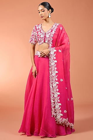 Red Organza Pearl Work Lehenga Set by SURBHI SHAH