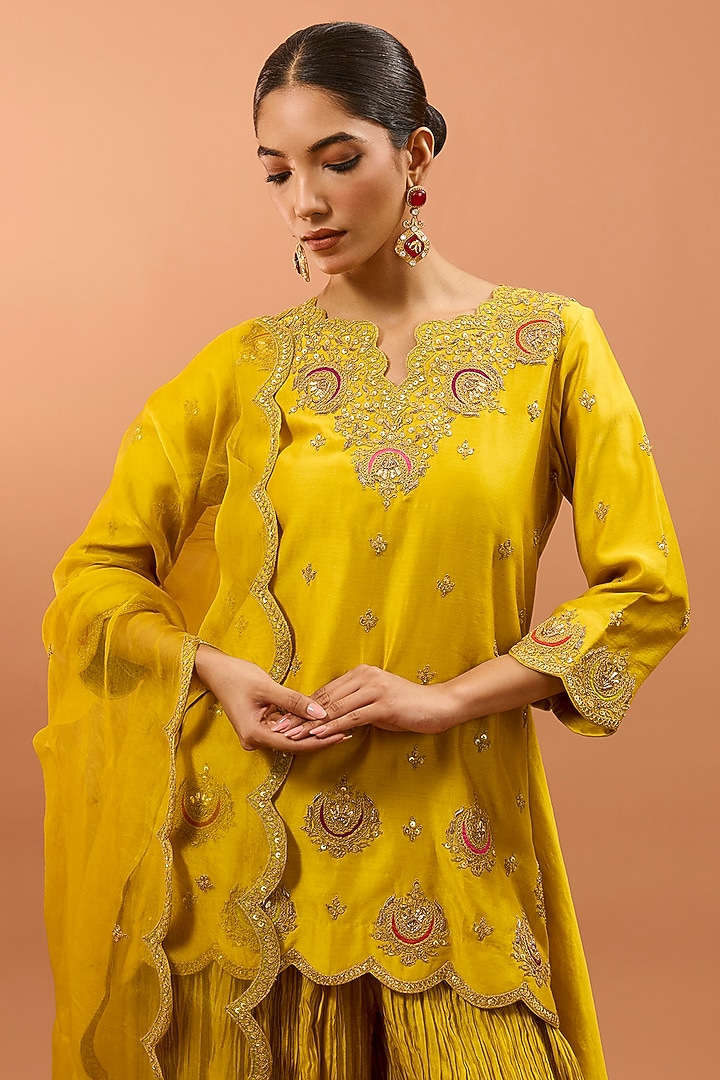 Yellow Crushed Wedding Sharara Set by SURBHI SHAH at Pernia's Pop Up Shop