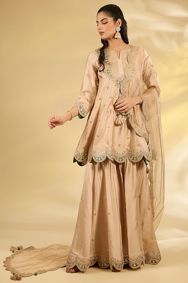Champagne Spun Silk Marori Work Short Wedding Anarkali Set by SURBHI SHAH at Pernia's Pop Up Shop