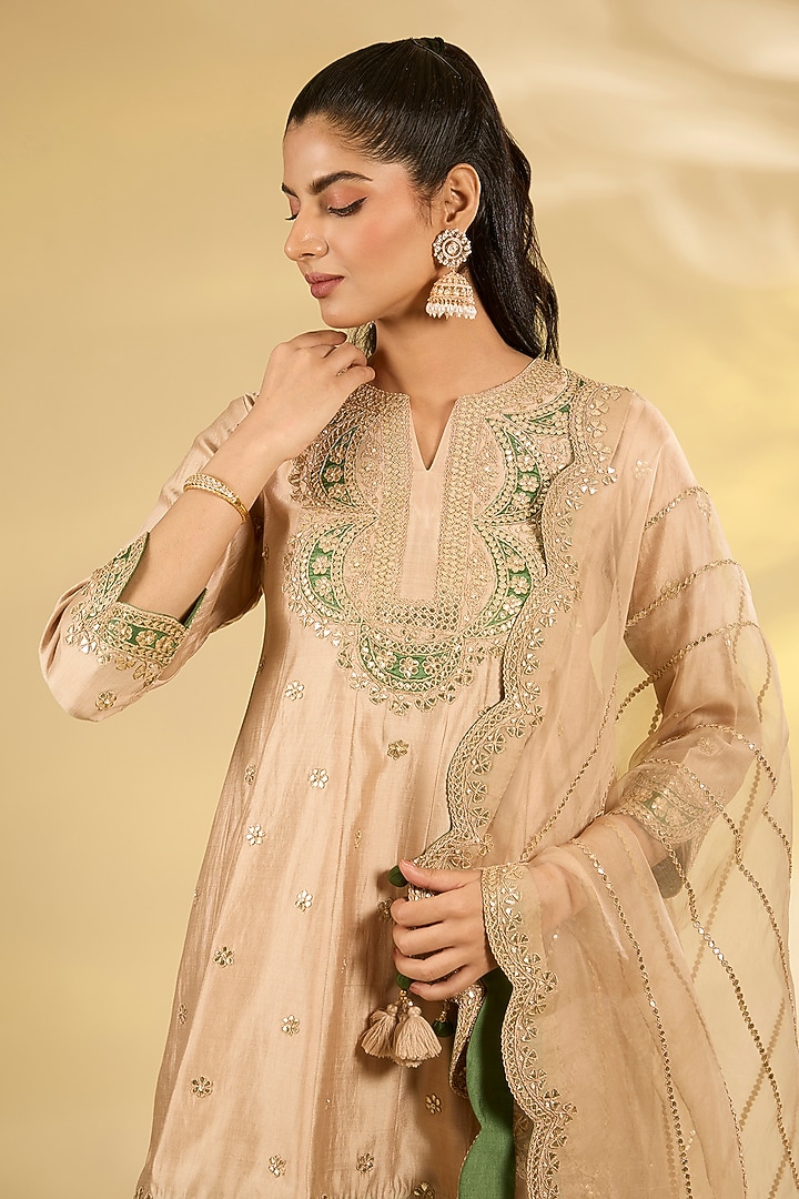 Champagne Spun Silk Marori Work Short Wedding Anarkali Set by SURBHI SHAH at Pernia's Pop Up Shop