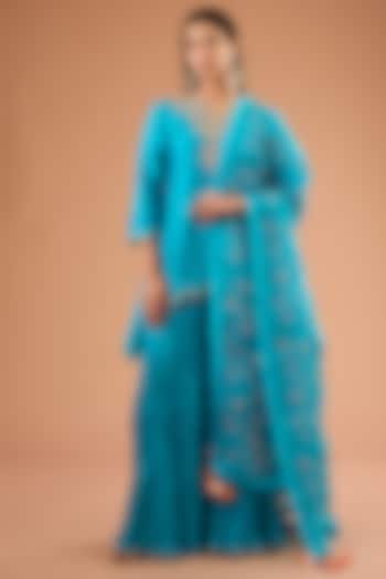 Turquoise Crushed Sharara Set by SURBHI SHAH at Pernia's Pop Up Shop