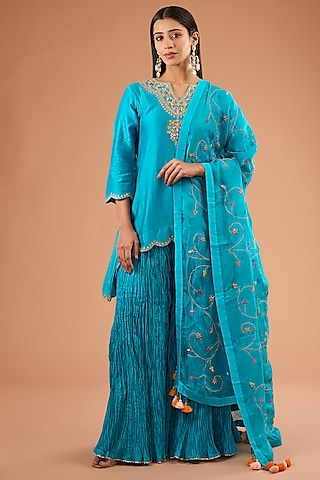 Turquoise Crushed Sharara Set by SURBHI SHAH