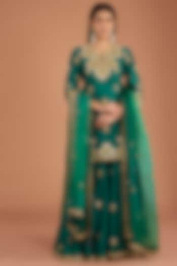 Emerald Green Kora Silk Sharara Set by SURBHI SHAH