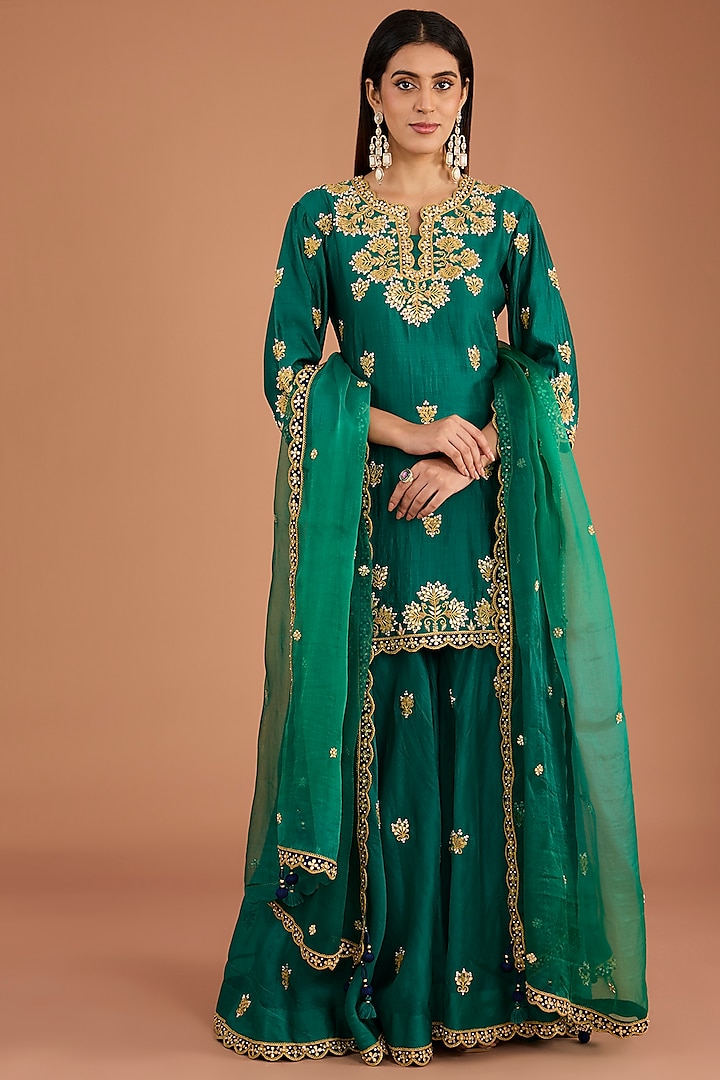 Emerald Green Kora Silk Sharara Set by SURBHI SHAH