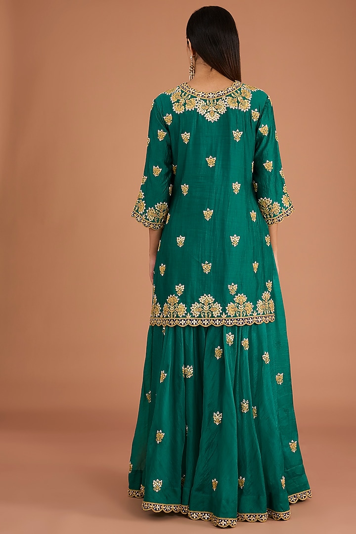 Emerald Green Kora Silk Wedding Sharara Set by SURBHI SHAH at Pernia's Pop Up Shop