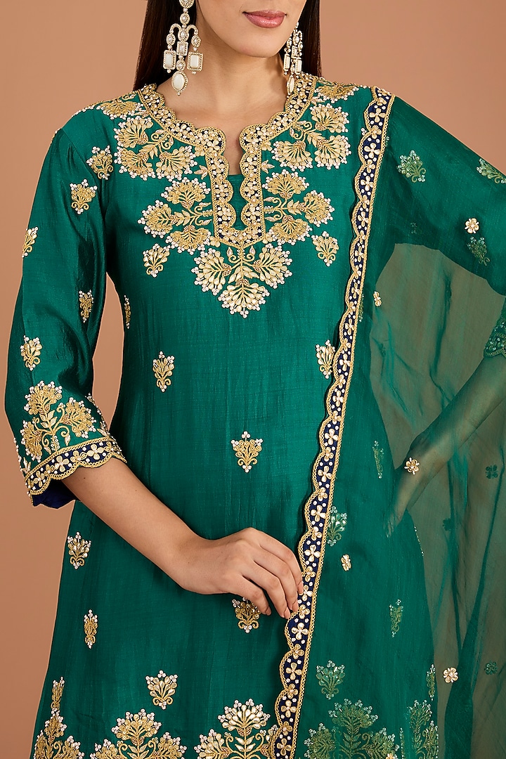 Emerald Green Kora Silk Wedding Sharara Set by SURBHI SHAH at Pernia's Pop Up Shop