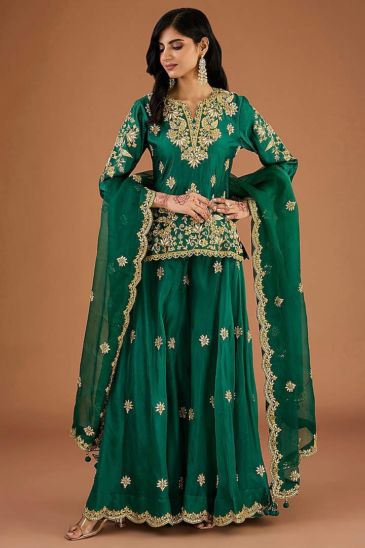 Emerald Green Organza Pearl Work Wedding Sharara Set by SURBHI SHAH at Pernia's Pop Up Shop