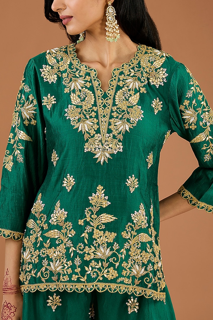 Emerald Green Organza Pearl Work Wedding Sharara Set by SURBHI SHAH at Pernia's Pop Up Shop