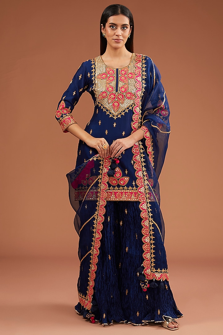 Navy Blue Kora Silk Marori Patchwork Sharara Set by SURBHI SHAH at Pernia's Pop Up Shop