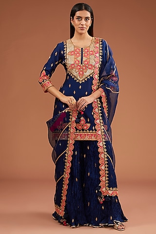 Navy Blue Kora Silk Marori Patchwork Sharara Set by SURBHI SHAH