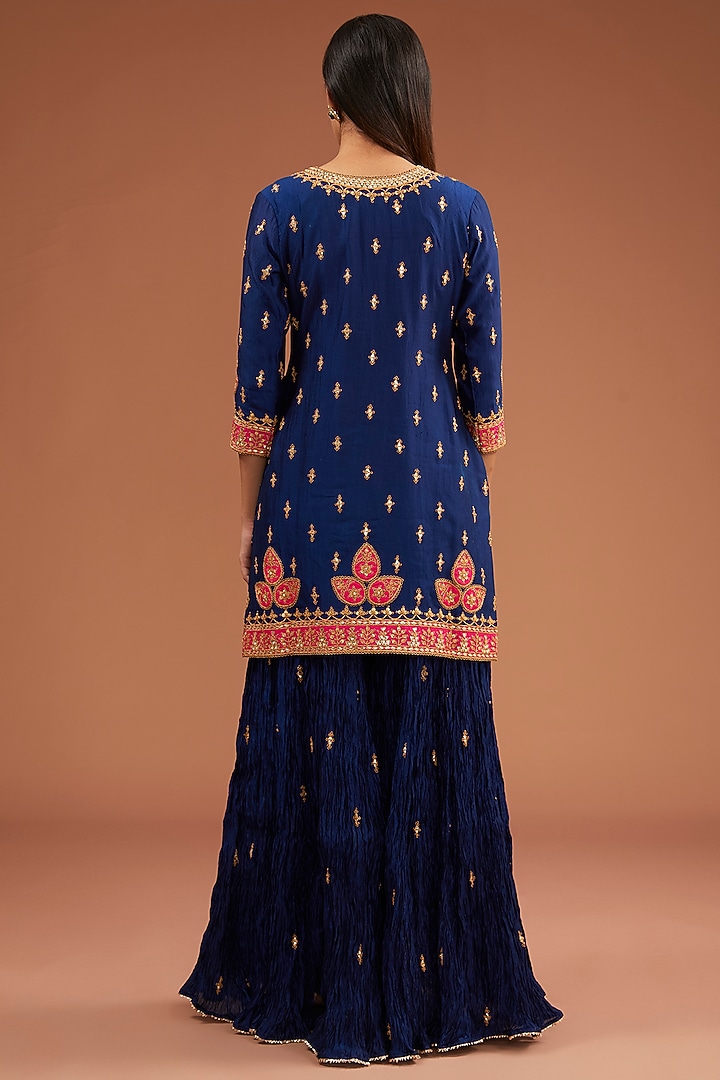 Navy Blue Kora Silk Marori Patchwork Wedding Sharara Set by SURBHI SHAH at Pernia's Pop Up Shop