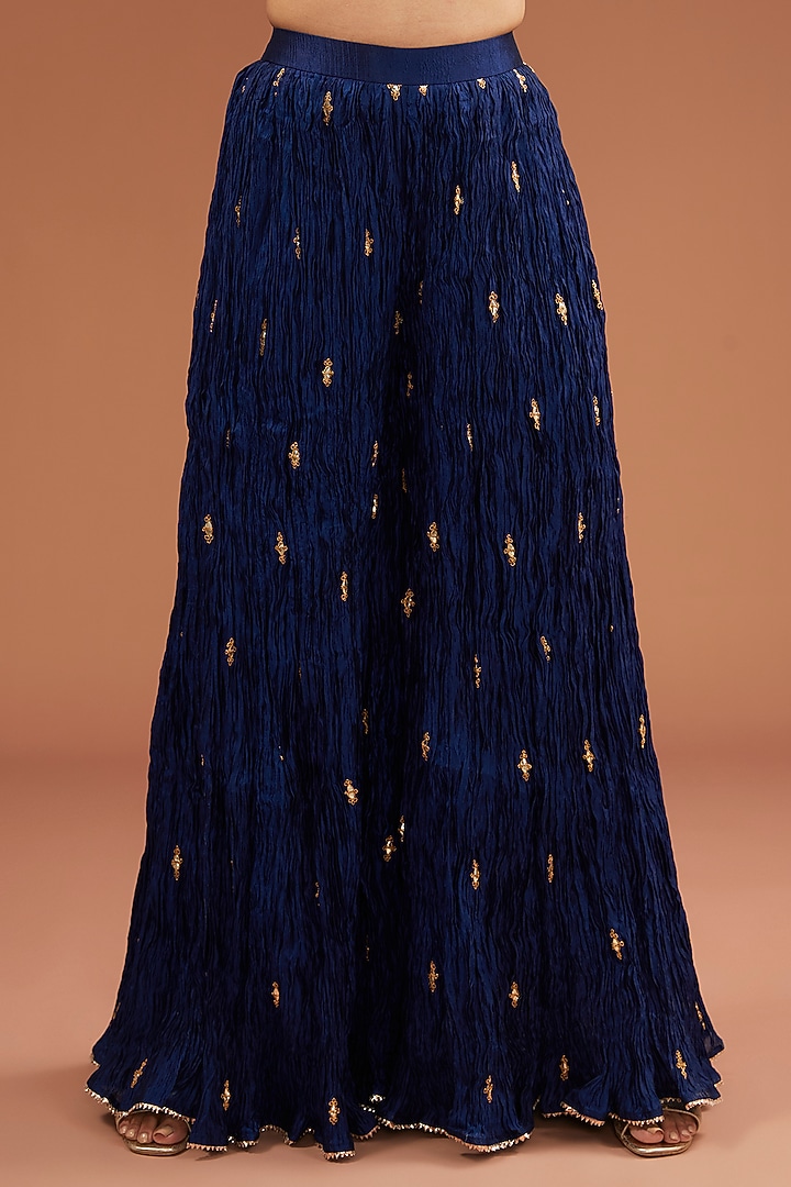 Navy Blue Kora Silk Marori Patchwork Wedding Sharara Set by SURBHI SHAH at Pernia's Pop Up Shop