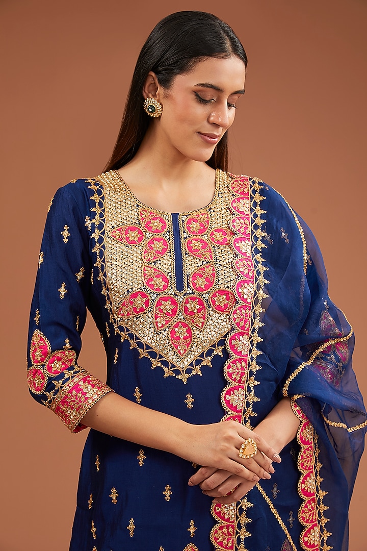 Navy Blue Kora Silk Marori Patchwork Wedding Sharara Set by SURBHI SHAH at Pernia's Pop Up Shop