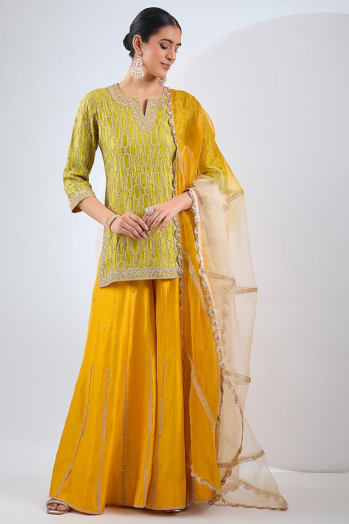 Yellow Parrot Spun Marori Work Sharara Set by SURBHI SHAH at Pernia's Pop Up Shop