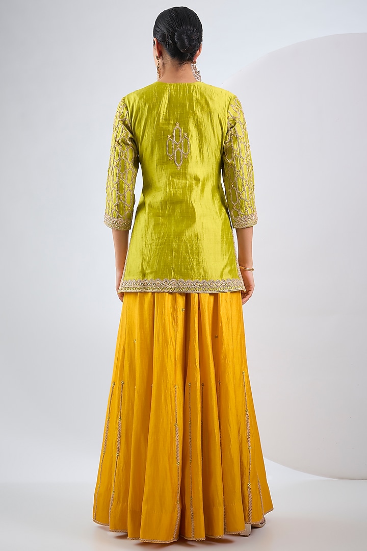Yellow Parrot Spun Marori Work Wedding Sharara Set by SURBHI SHAH at Pernia's Pop Up Shop