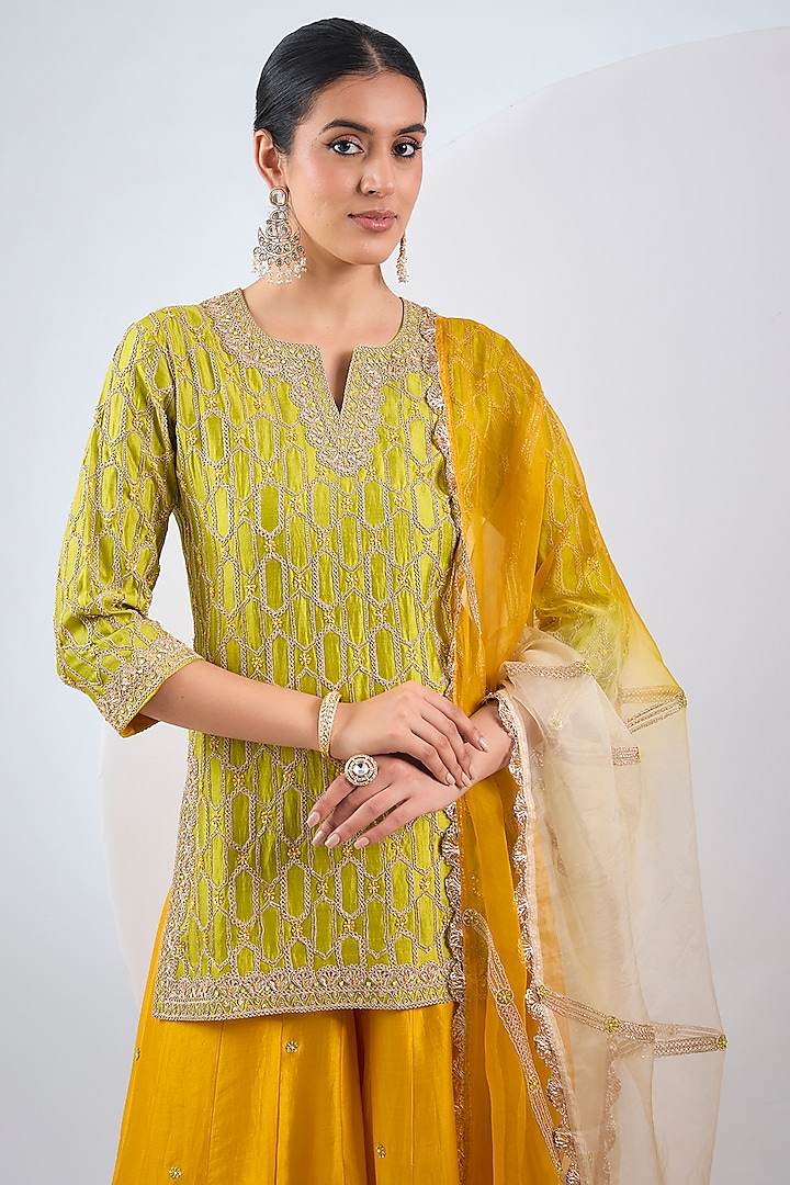Yellow Parrot Spun Marori Work Wedding Sharara Set by SURBHI SHAH at Pernia's Pop Up Shop