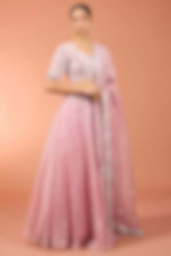 Pink Organza Pearl Work Wedding Lehenga Set by SURBHI SHAH at Pernia's Pop Up Shop