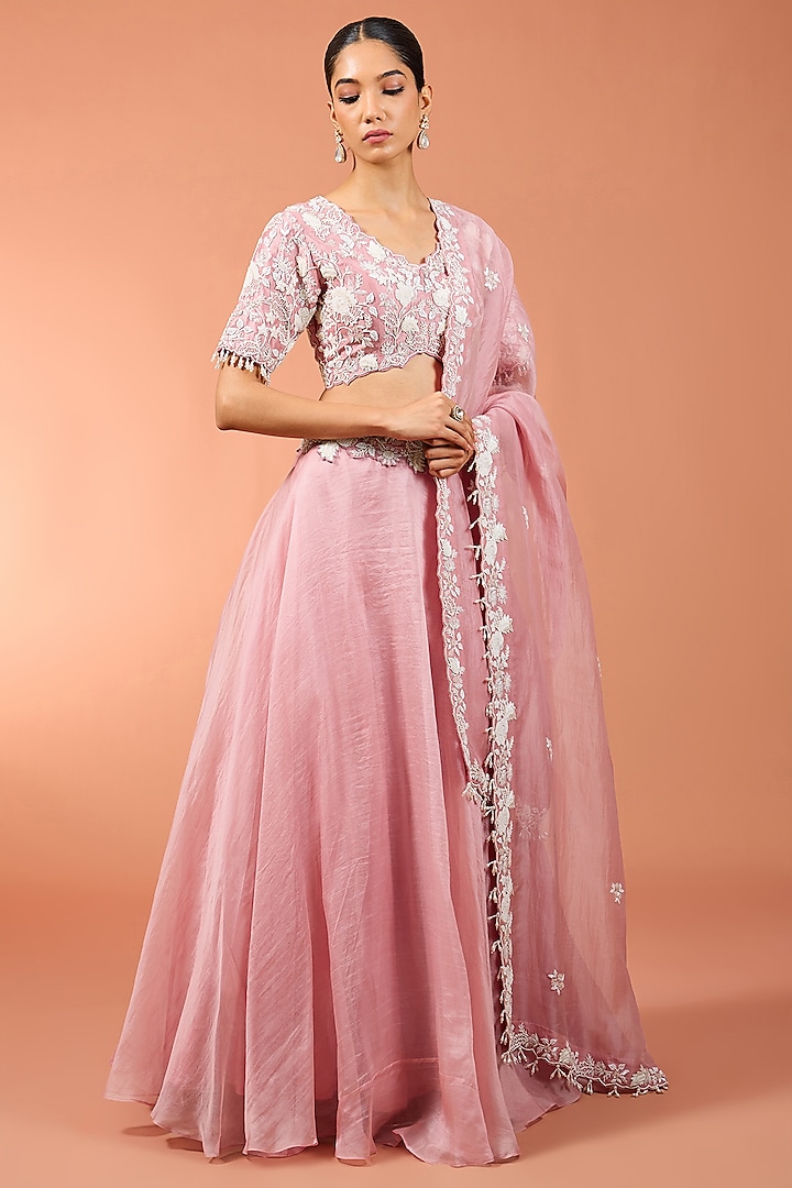 Pink Organza Pearl Work Wedding Lehenga Set by SURBHI SHAH at Pernia's Pop Up Shop