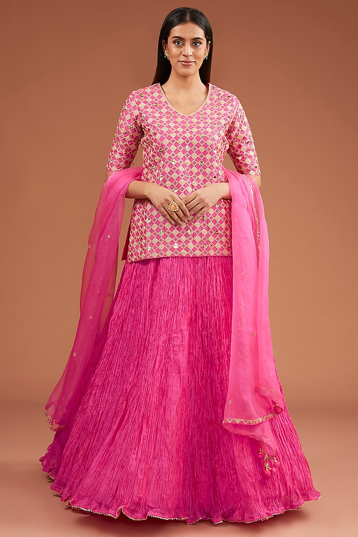 Strawberry Pure Spun Silk Crushed Skirt Set by SURBHI SHAH at Pernia's Pop Up Shop