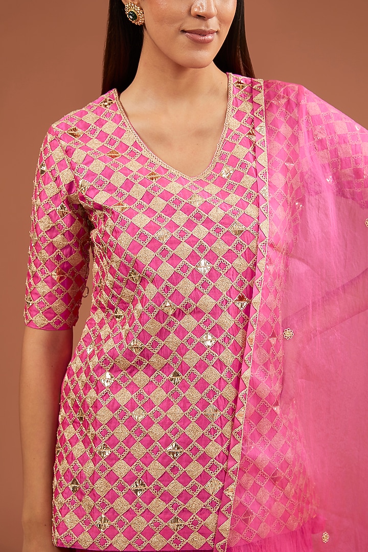 Strawberry Pure Spun Silk Crushed Skirt Set by SURBHI SHAH at Pernia's Pop Up Shop