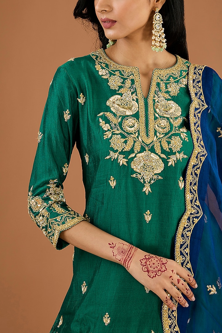 Emerald Green Kora Silk Crushed Skirt Set by SURBHI SHAH at Pernia's Pop Up Shop