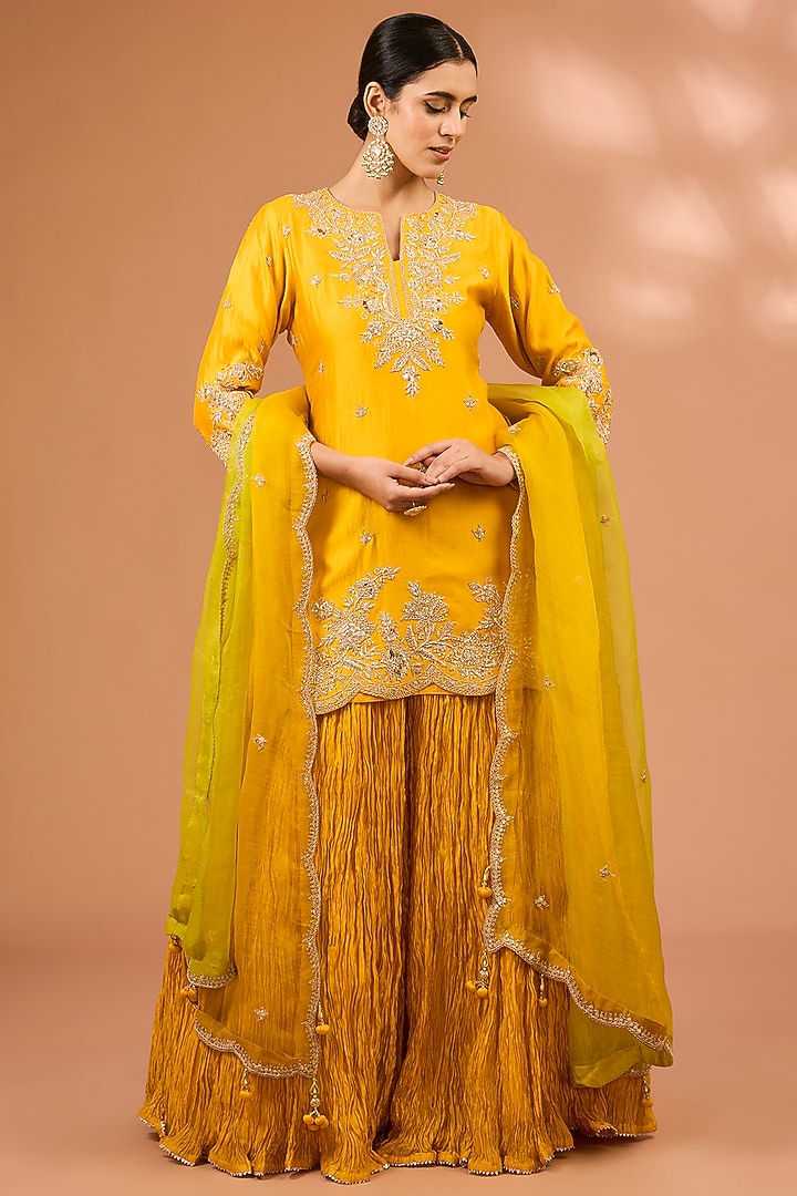 Lime Kora Silk Crushed Skirt set by SURBHI SHAH at Pernia's Pop Up Shop