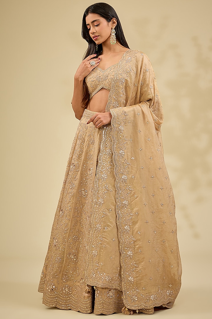 Golden Tissue Mukaish & Marodi Work Bridal Lehenga Set by Surbhi Shah at Pernia's Pop Up Shop