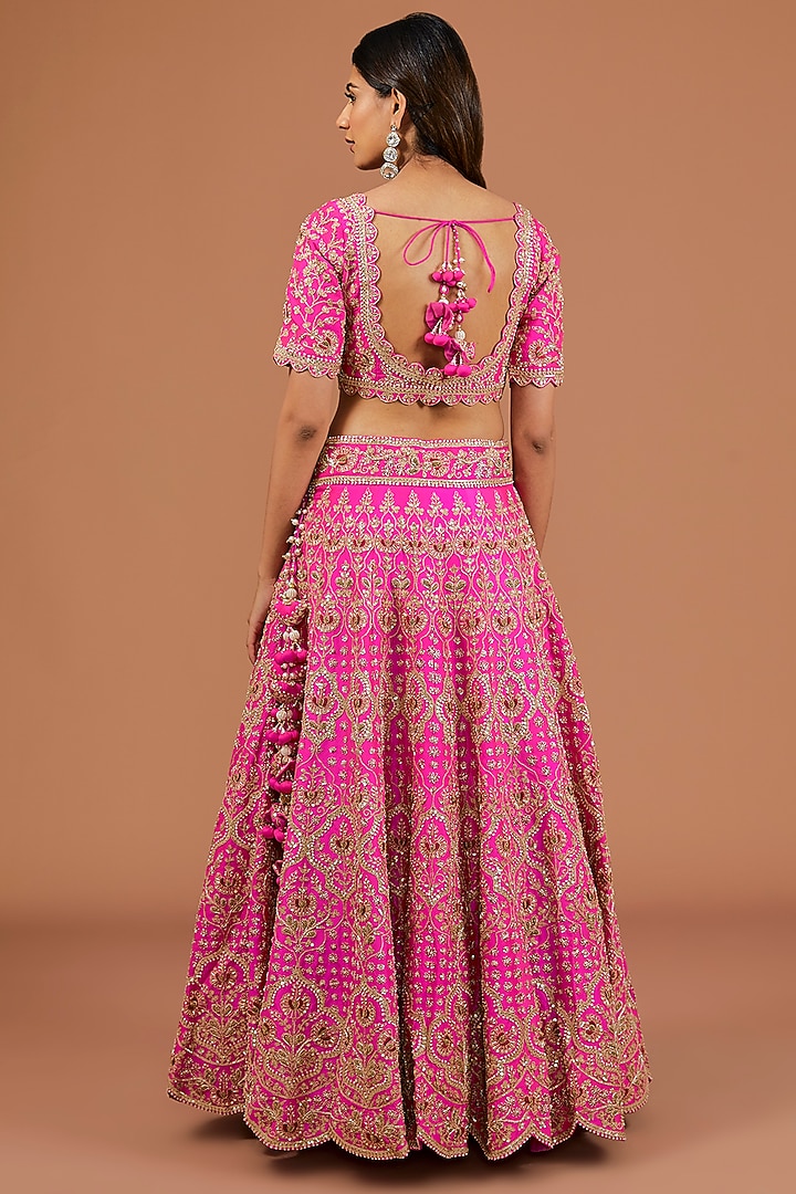 Hot Pink Silk Resham & Zardosi Work Bridal Lehenga Set by SURBHI SHAH at Pernia's Pop Up Shop
