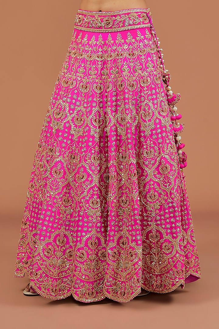 Hot Pink Silk Resham & Zardosi Work Bridal Lehenga Set by SURBHI SHAH at Pernia's Pop Up Shop