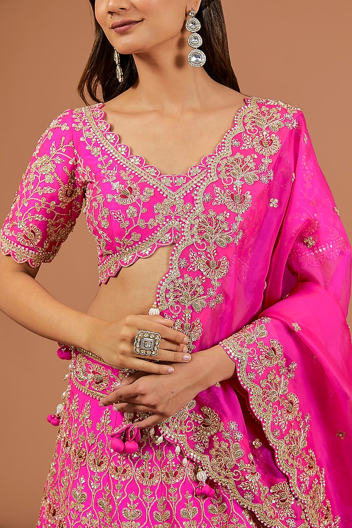 Hot Pink Silk Resham & Zardosi Work Bridal Lehenga Set by SURBHI SHAH at Pernia's Pop Up Shop