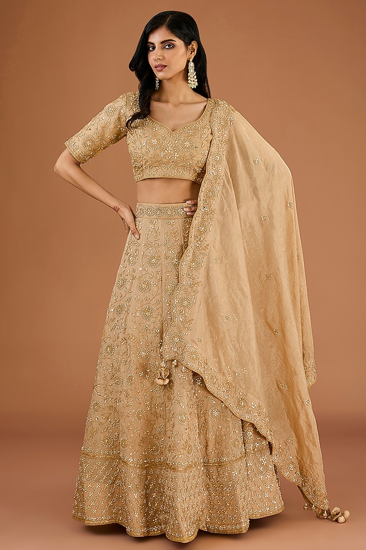 Golden Tissue Zardosi & Pearl Work Bridal Lehenga Set by SURBHI SHAH at Pernia's Pop Up Shop