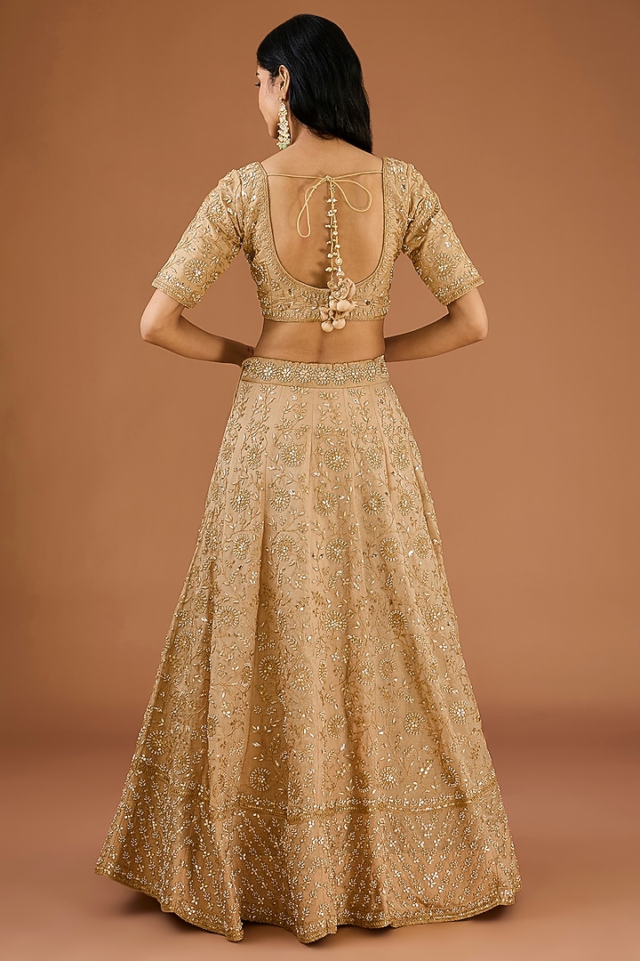 Golden Tissue Zardosi & Pearl Work Bridal Lehenga Set by SURBHI SHAH at Pernia's Pop Up Shop