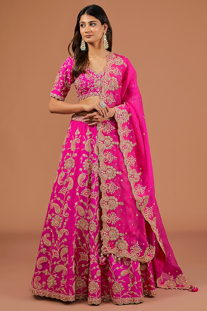 Hot Pink Silk Zardosi Embroidered Bridal Lehenga Set by SURBHI SHAH at Pernia's Pop Up Shop