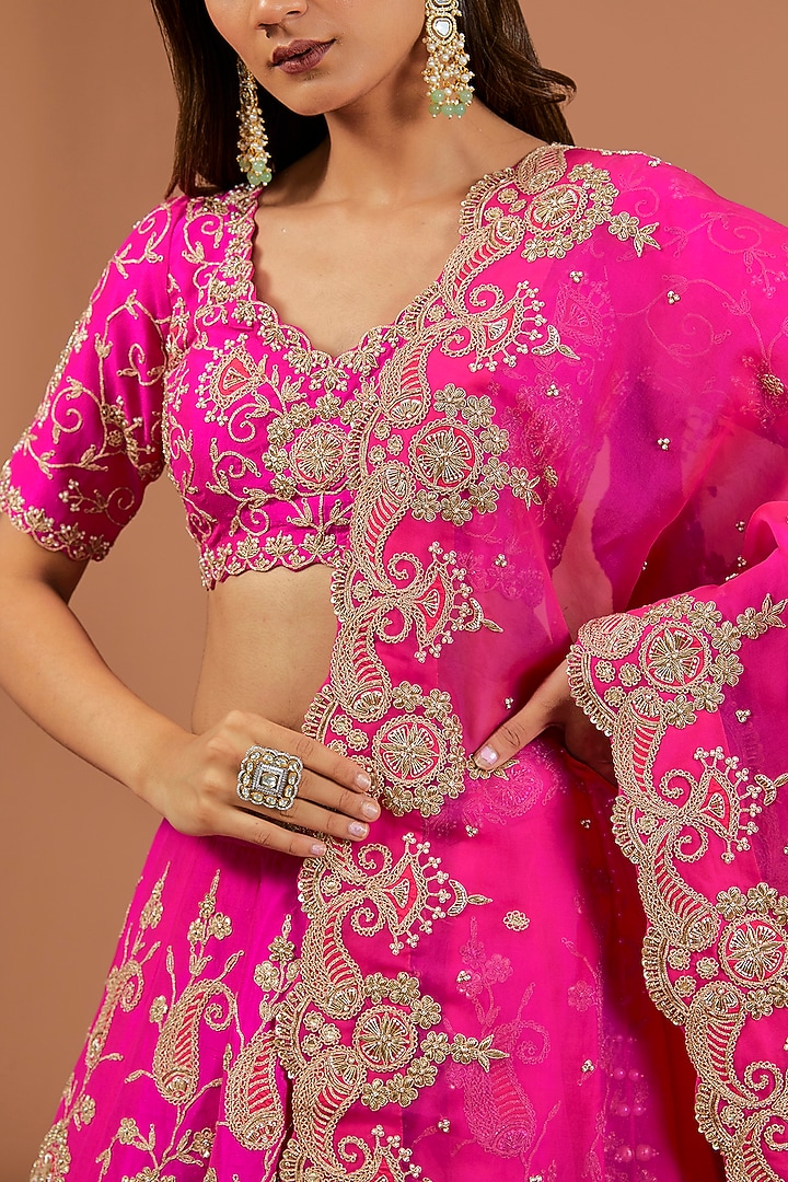 Hot Pink Silk Zardosi Embroidered Bridal Lehenga Set by SURBHI SHAH at Pernia's Pop Up Shop