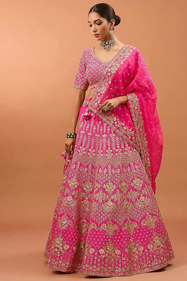 Hot Pink Silk Marori & Gota Work Bridal Lehenga Set by SURBHI SHAH at Pernia's Pop Up Shop