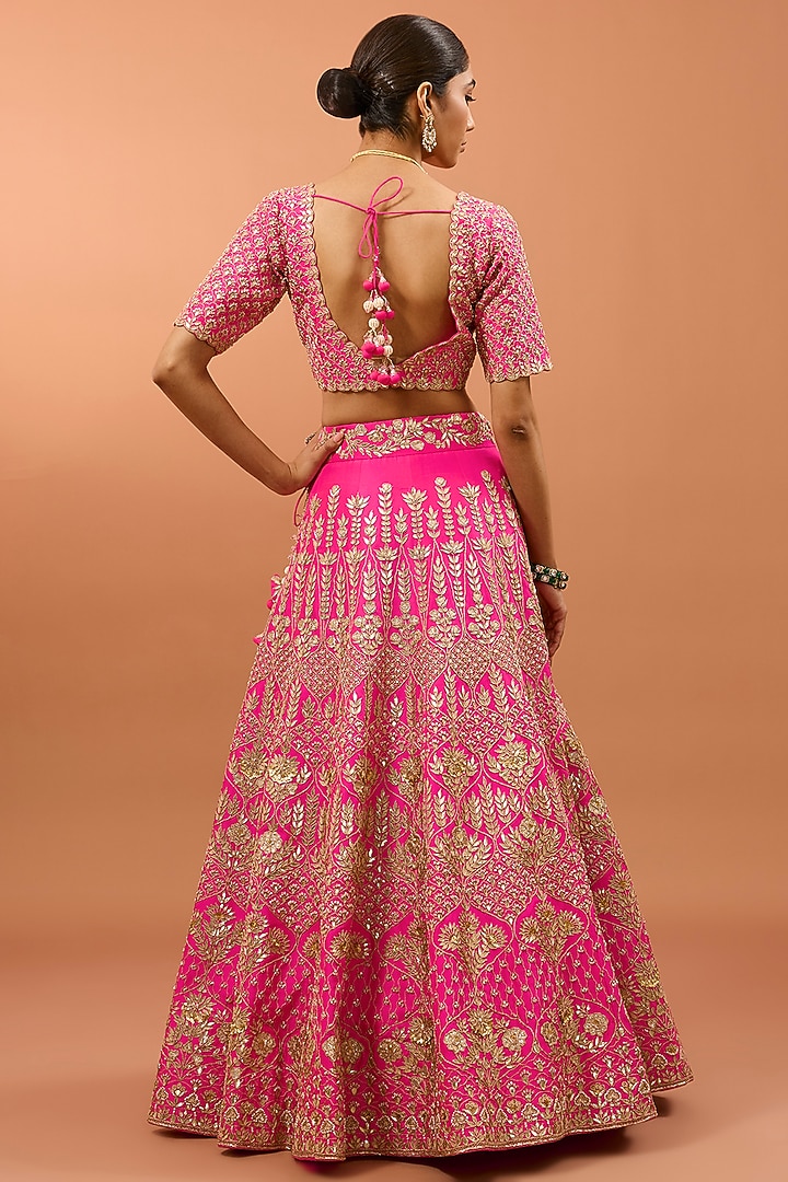 Hot Pink Silk Marori & Gota Work Bridal Lehenga Set by SURBHI SHAH at Pernia's Pop Up Shop