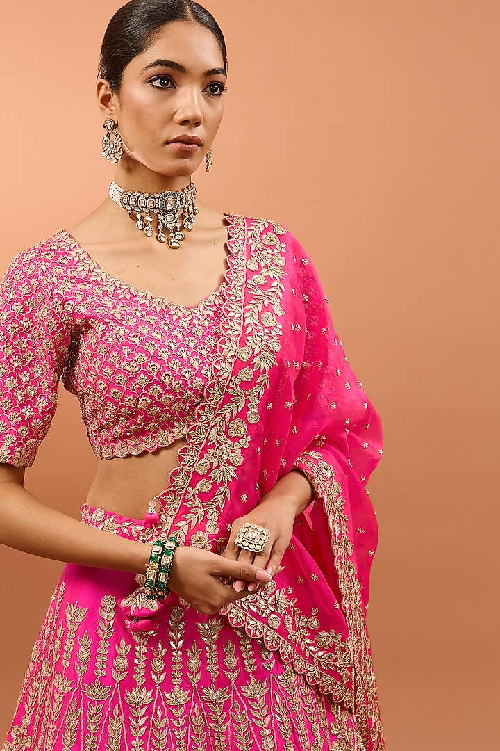 Hot Pink Silk Marori & Gota Work Bridal Lehenga Set by SURBHI SHAH at Pernia's Pop Up Shop