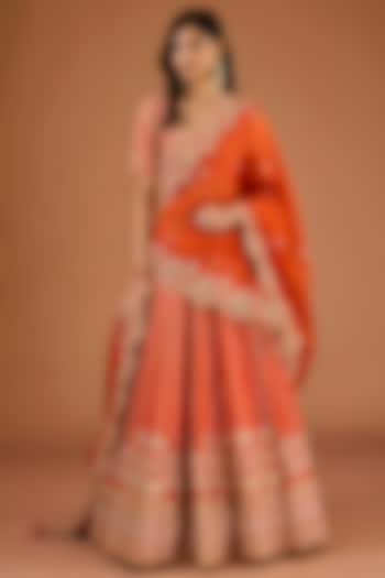 Burnt Orange Silk Zardosi & Pearl Work Bridal Lehenga Set by SURBHI SHAH at Pernia's Pop Up Shop