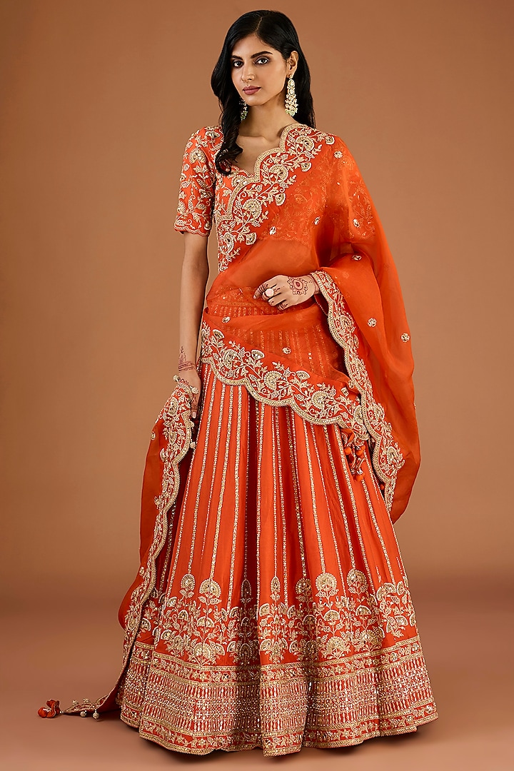 Burnt Orange Silk Zardosi & Pearl Work Bridal Lehenga Set by SURBHI SHAH at Pernia's Pop Up Shop