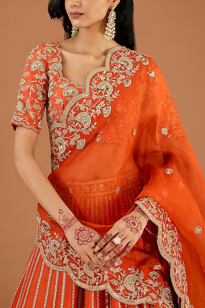 Burnt Orange Silk Zardosi & Pearl Work Bridal Lehenga Set by SURBHI SHAH at Pernia's Pop Up Shop