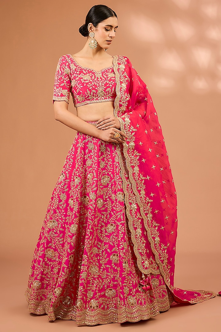 Red Silk Zardosi & Marori Work Bridal Lehenga Set by SURBHI SHAH at Pernia's Pop Up Shop