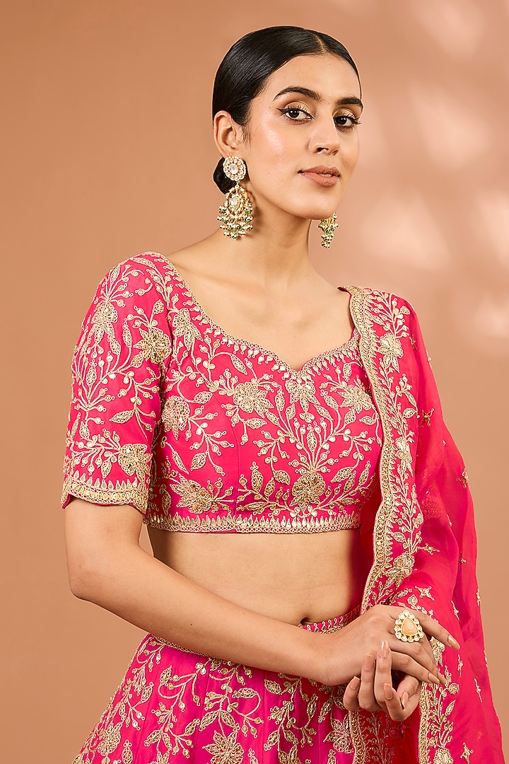 Red Silk Zardosi & Marori Work Bridal Lehenga Set by SURBHI SHAH at Pernia's Pop Up Shop