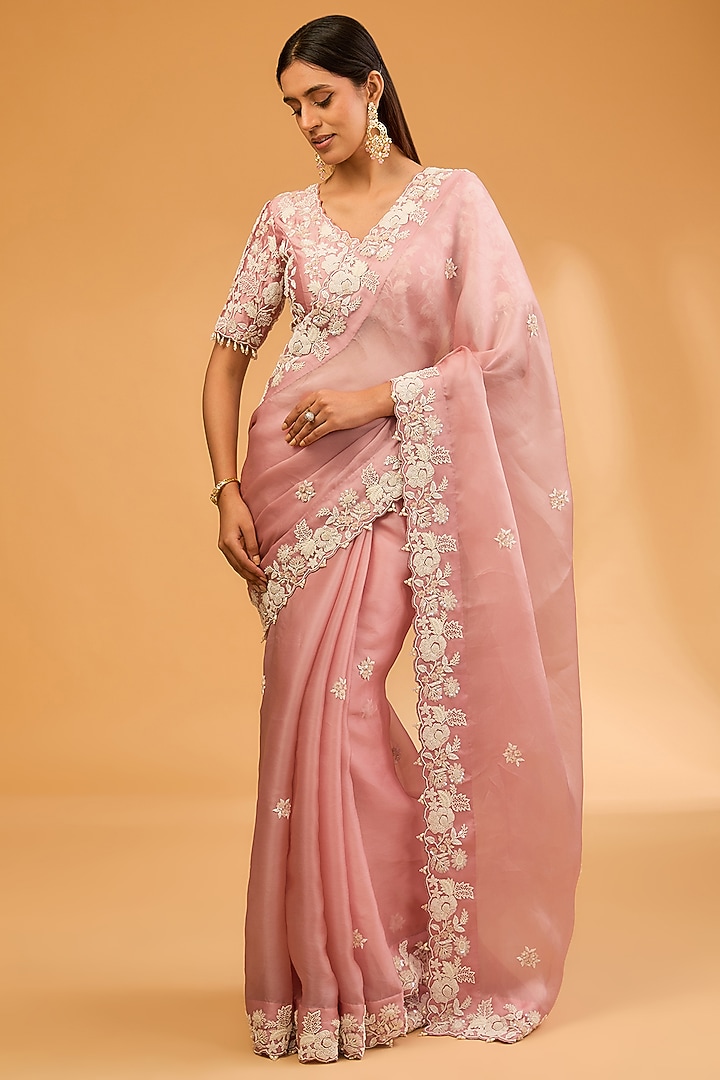 Pink Satin Organza Pearl Work Reception Saree Set by SURBHI SHAH at Pernia's Pop Up Shop