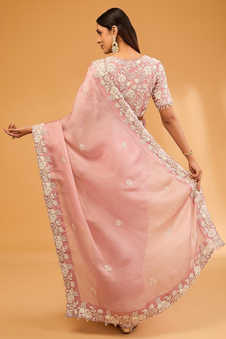 Pink Satin Organza Pearl Work Reception Saree Set by SURBHI SHAH at Pernia's Pop Up Shop